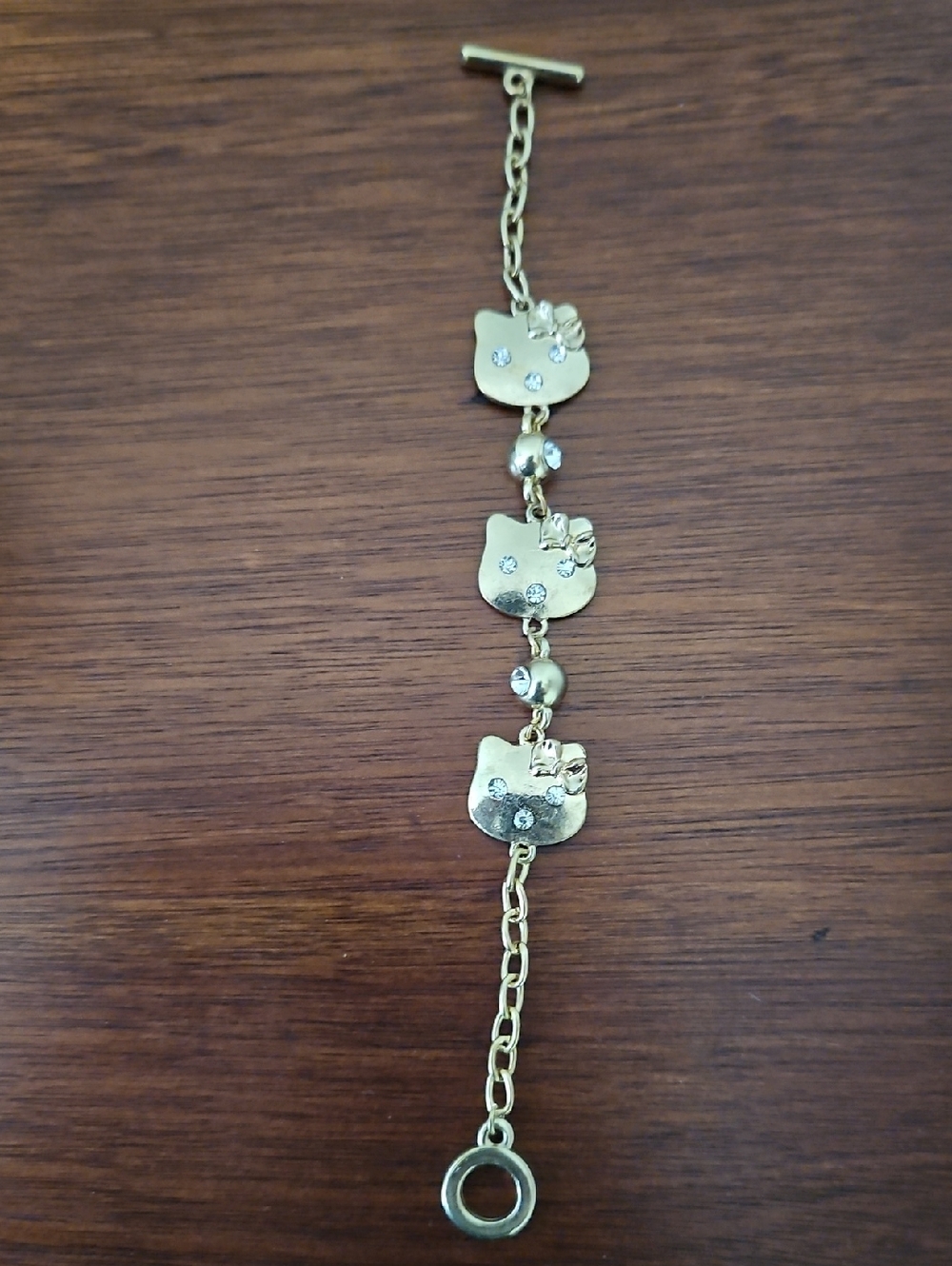 Gold-tone Kitty Face Link Bracelet with Rhinestones